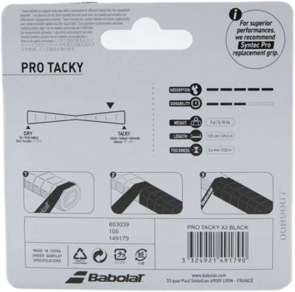 Babolat Pro Tacky Overgrip 3 Pack Black and Negro